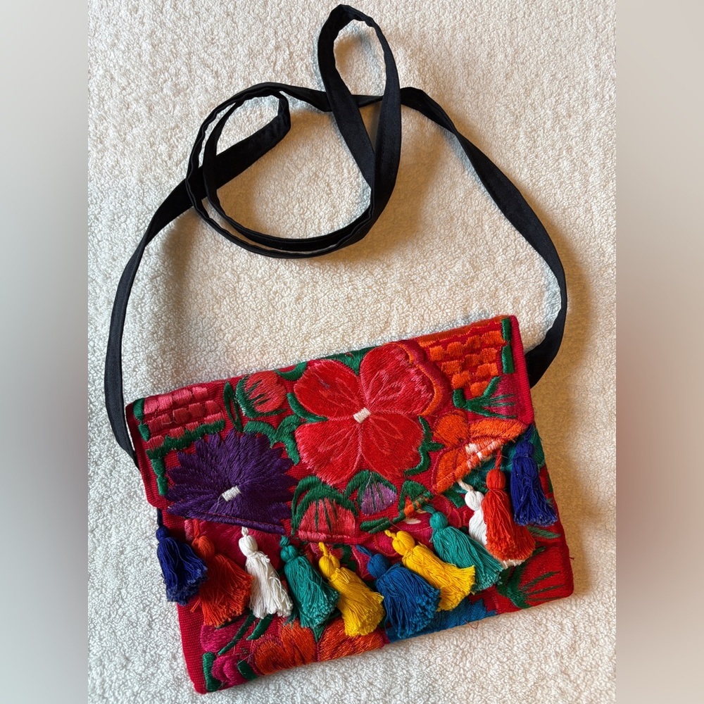 Mexican Embroidered Colorful Floral Crossbody Handbag w Tassels, Snap Closure